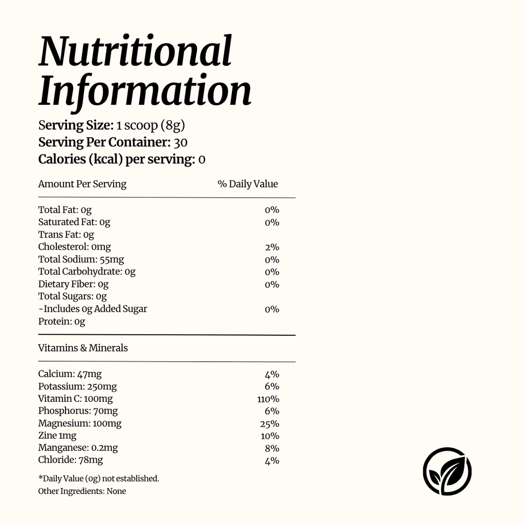 Nutritional information label for a product, showing serving size, calories, and a table of nutrients per serving on a light beige background with a black logo in the bottom right corner.
