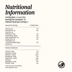 Nutritional information label for a product, showing serving size, calories, and a table of nutrients per serving on a light beige background with a black logo in the bottom right corner.