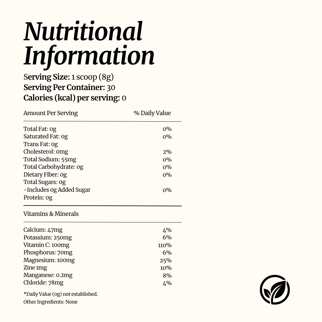 Nutritional information label for a product, showing serving size, calories, and a table of nutrients per serving on a light beige background with a black logo in the bottom right corner.